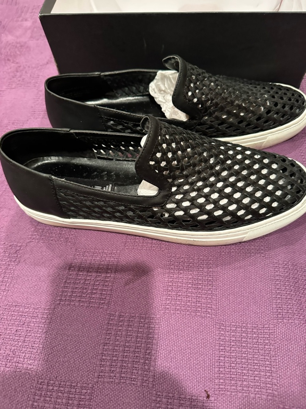 Steve Madden Black Slip-On Woven Sneakers with White Soles $22